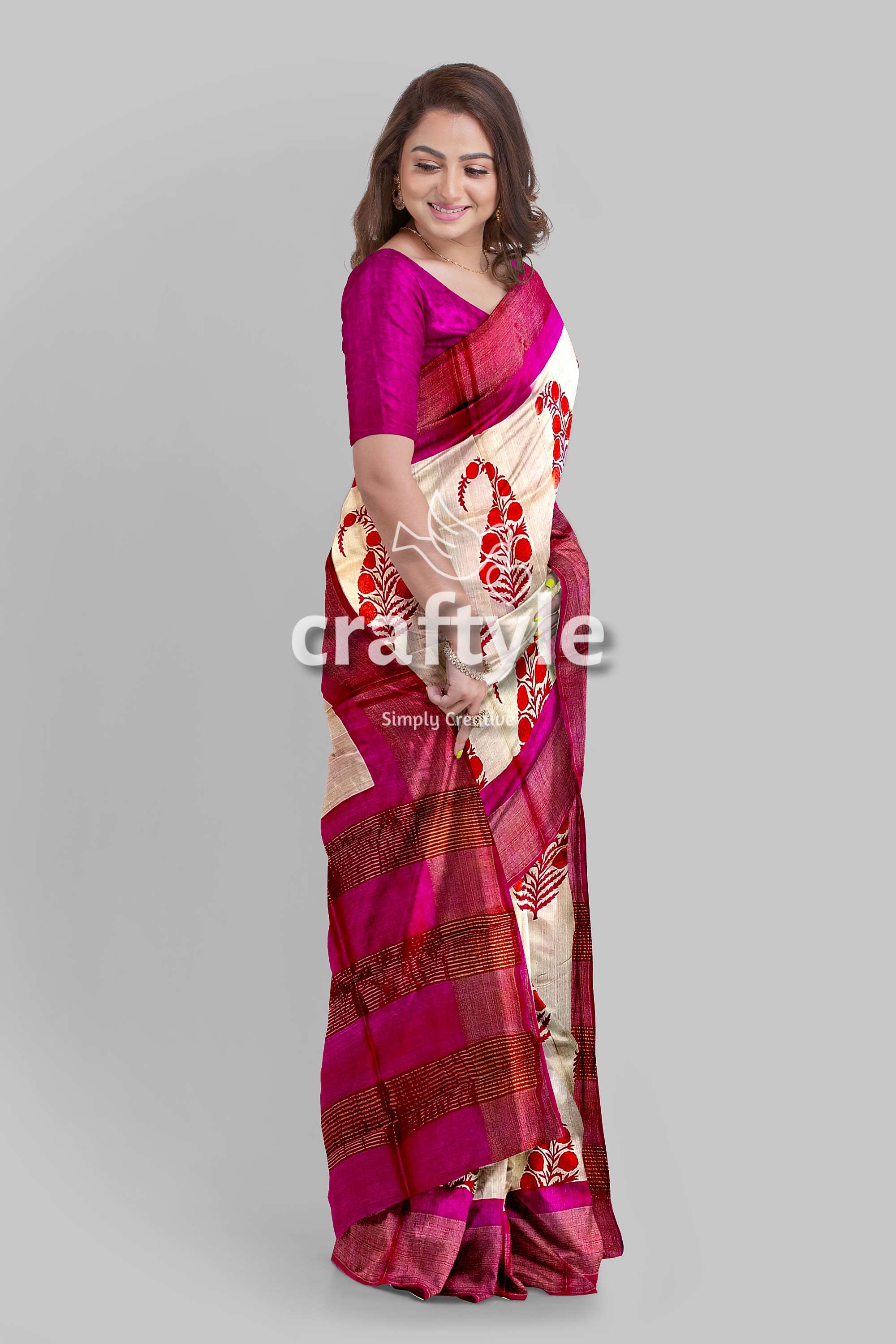 Soft Peach Magenta Hand Block Print Saree with Zari Border - Pure Tussar Silk - Craftyle