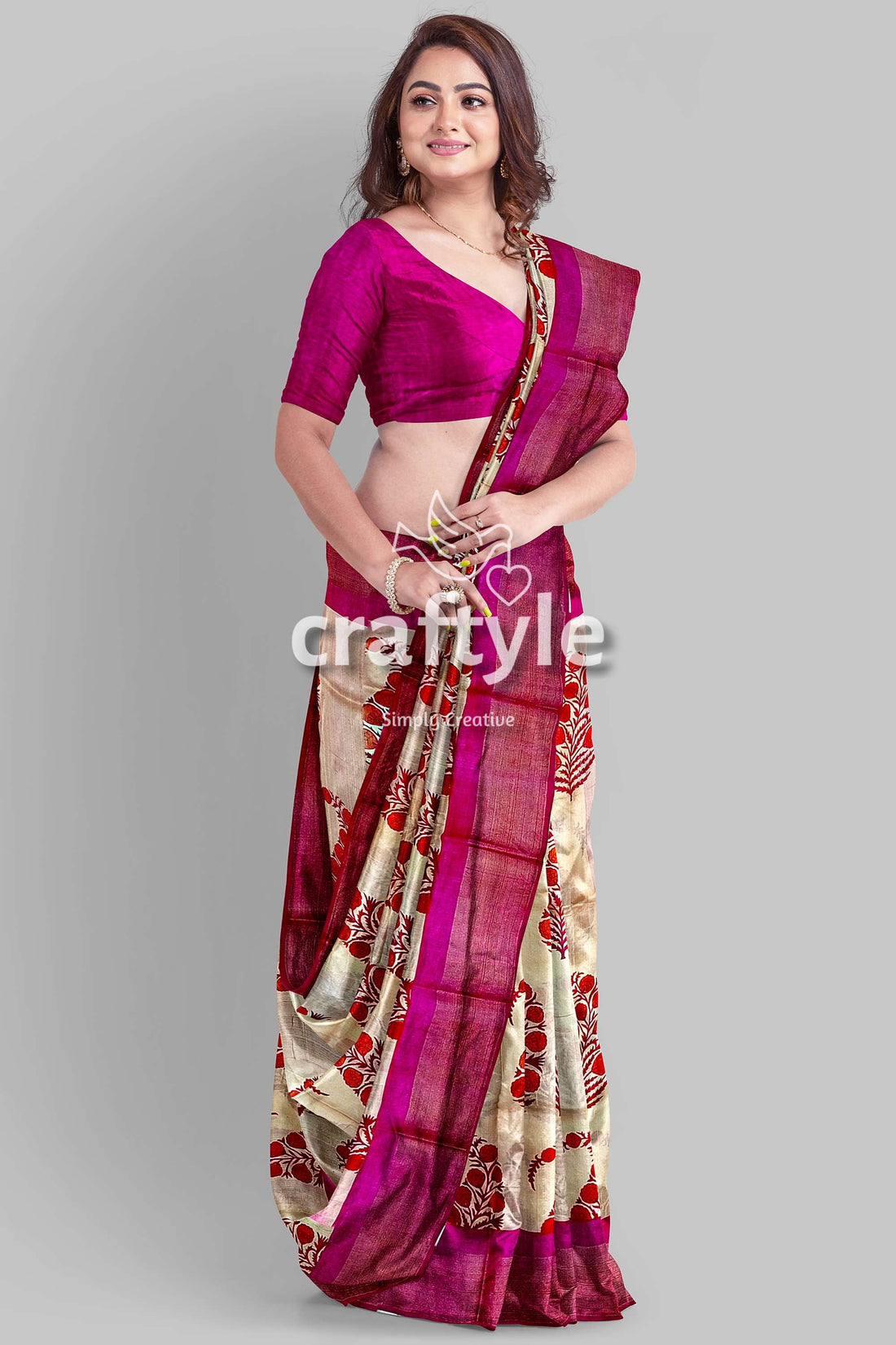 Soft Peach Magenta Hand Block Print Saree with Zari Border - Pure Tussar Silk - Craftyle