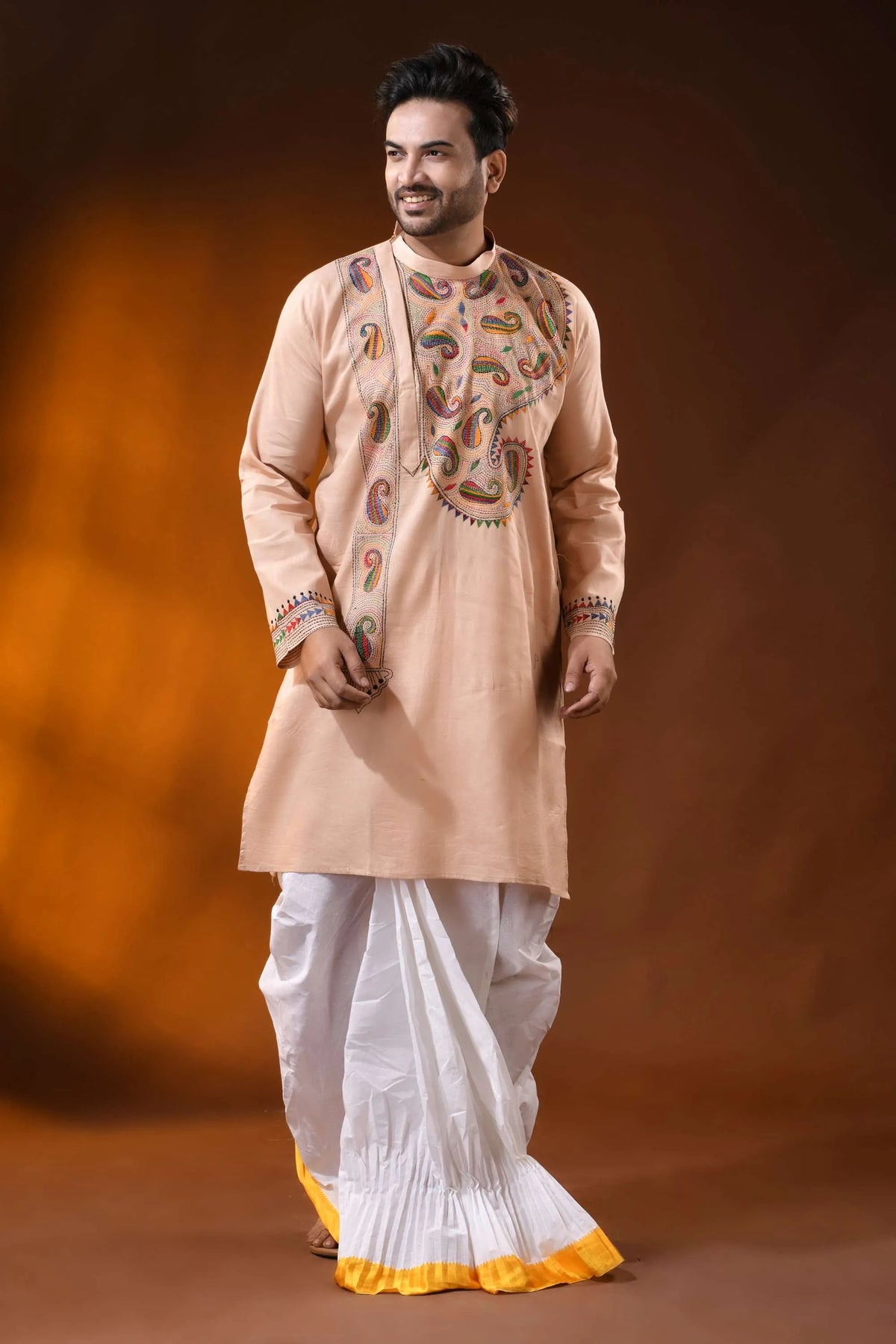Sorrell brown cotton kantha panjabi with multicolor paisley work 6