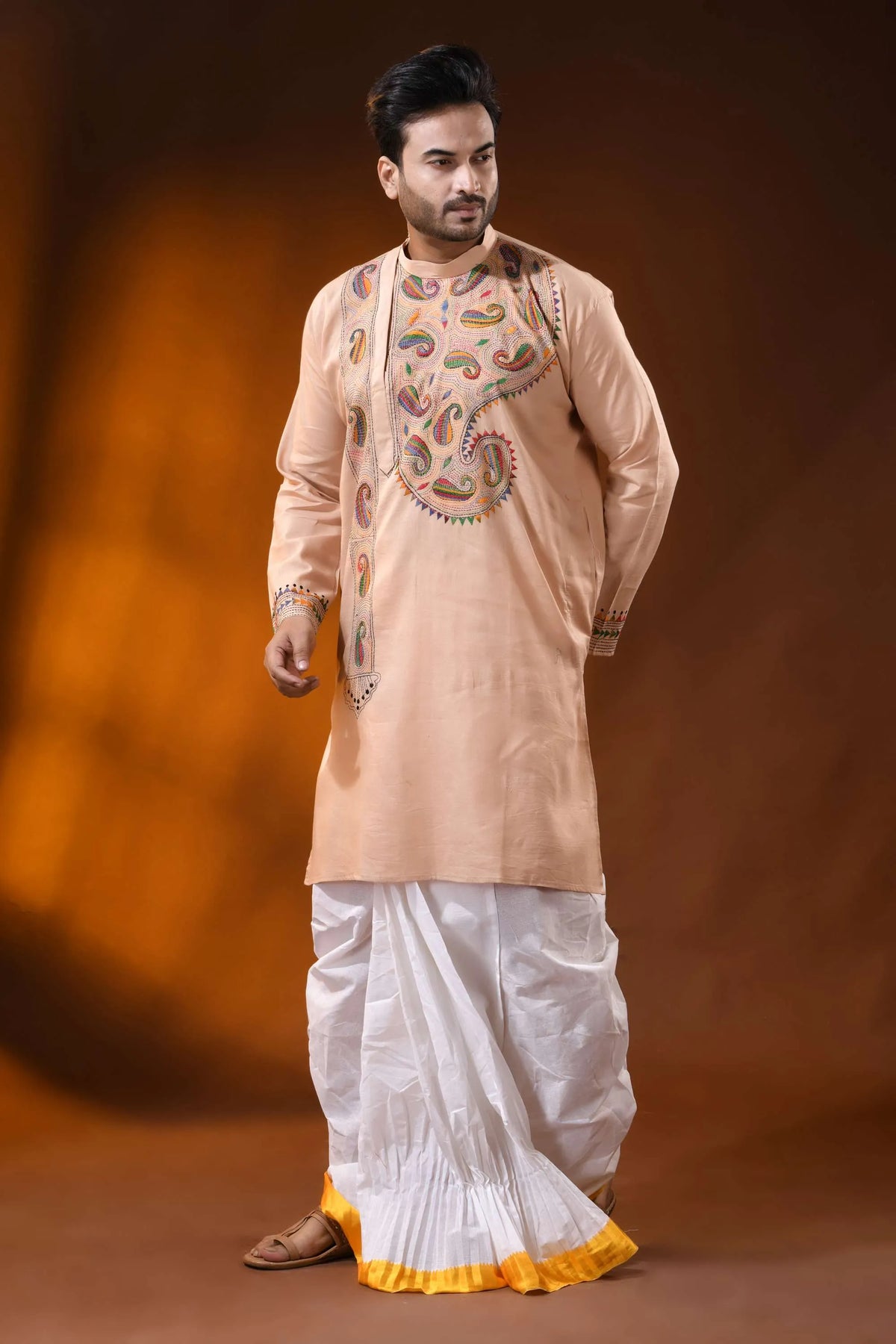 Sorrell brown cotton kantha panjabi with multicolor paisley work 4