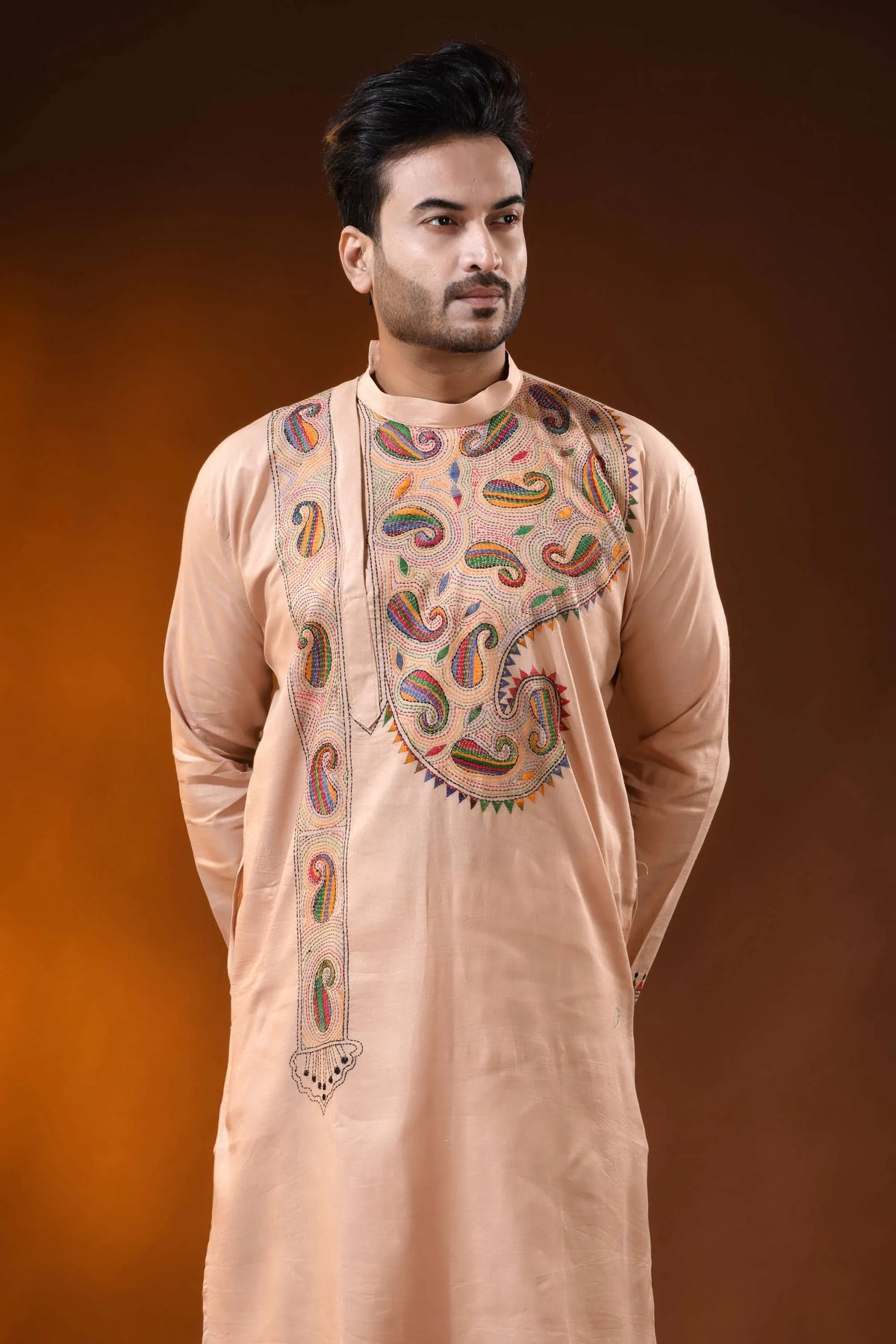 Sorrell brown cotton kantha panjabi with multicolor paisley work 2