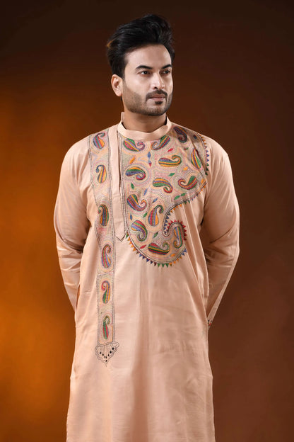 Sorrell brown cotton kantha panjabi with multicolor paisley work 2