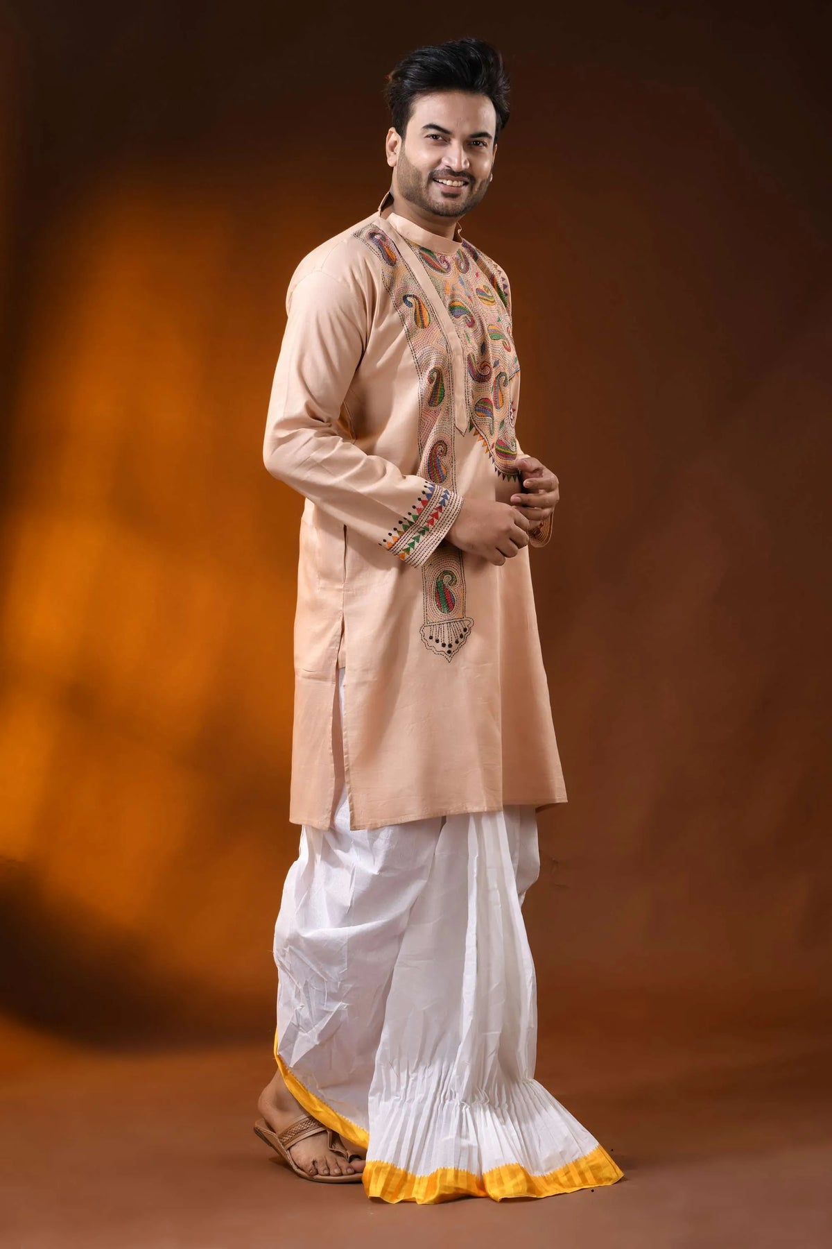 Sorrell brown cotton kantha panjabi with multicolor paisley work 3