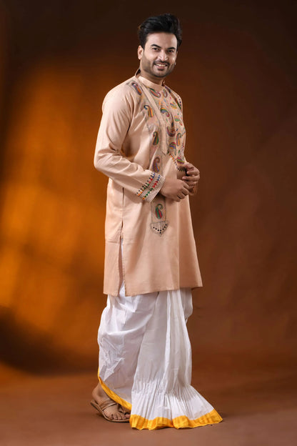 Sorrell brown cotton kantha panjabi with multicolor paisley work 3