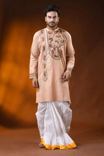 Sorrell brown cotton kantha panjabi with multicolor paisley work 1