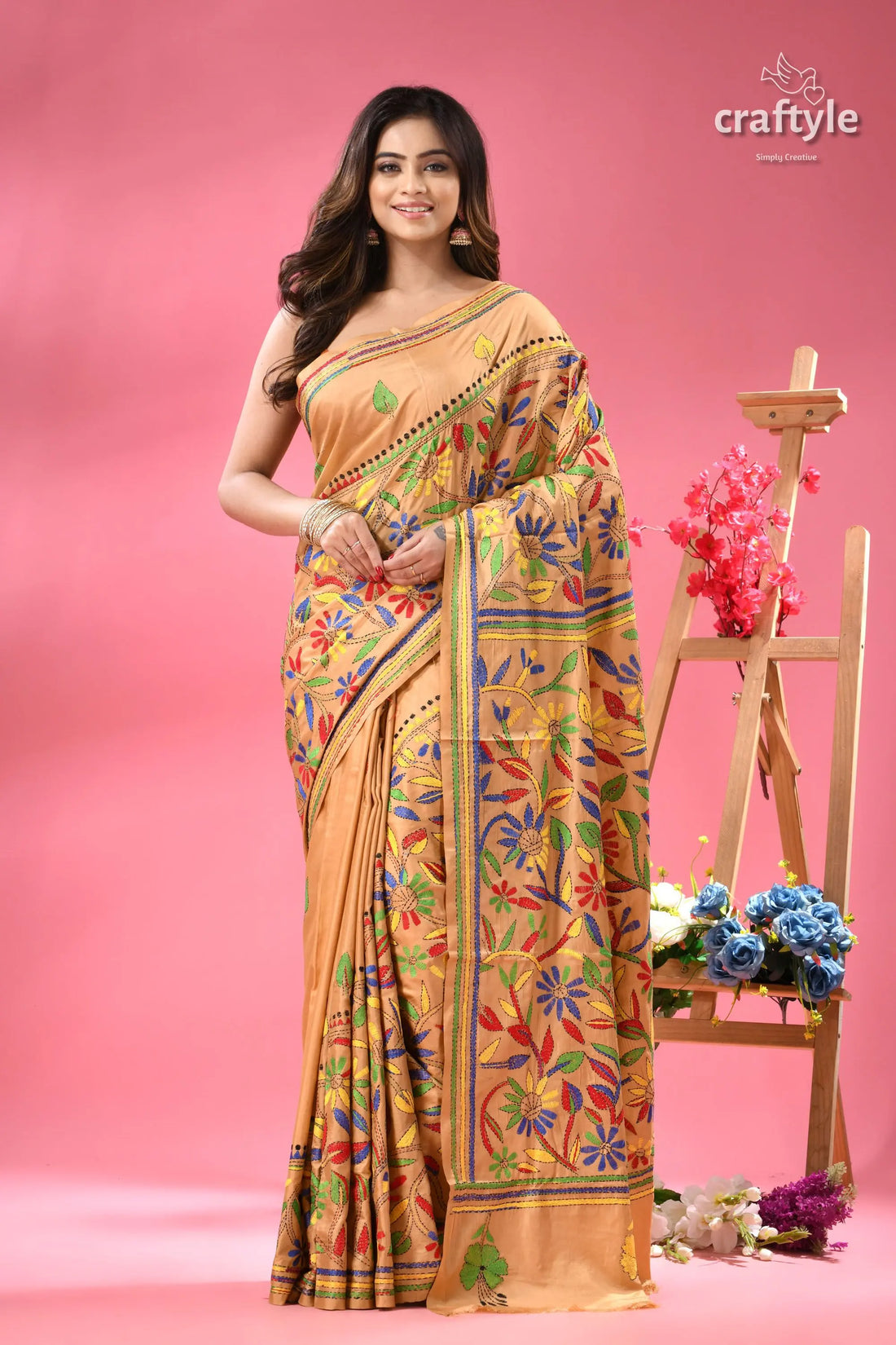 Sorrell brown flower motif handmade silk kantha saree woman beige silk saree colorful 1