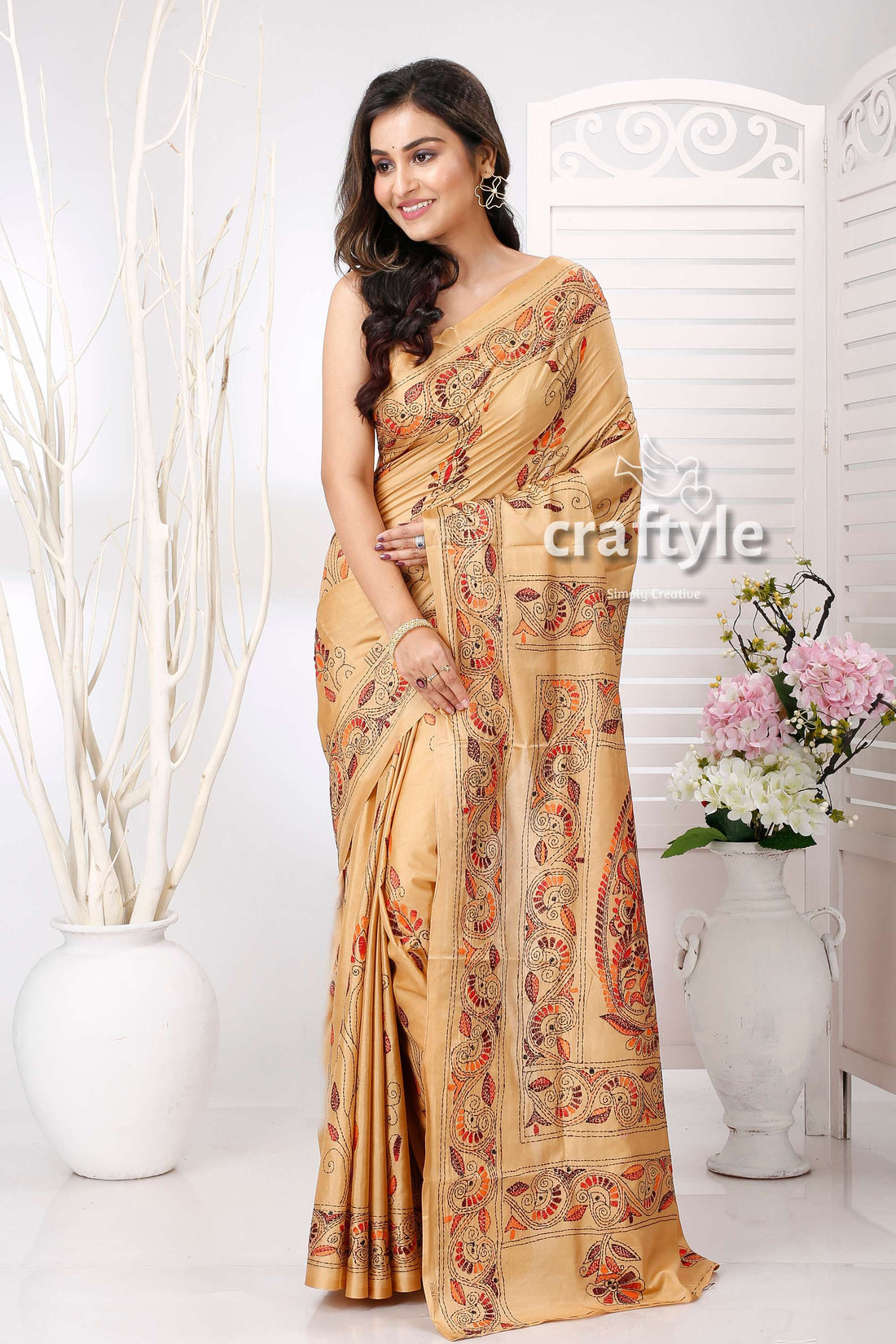 Sorrell Brown Kantha Embroidery Silk Saree - Craftyle