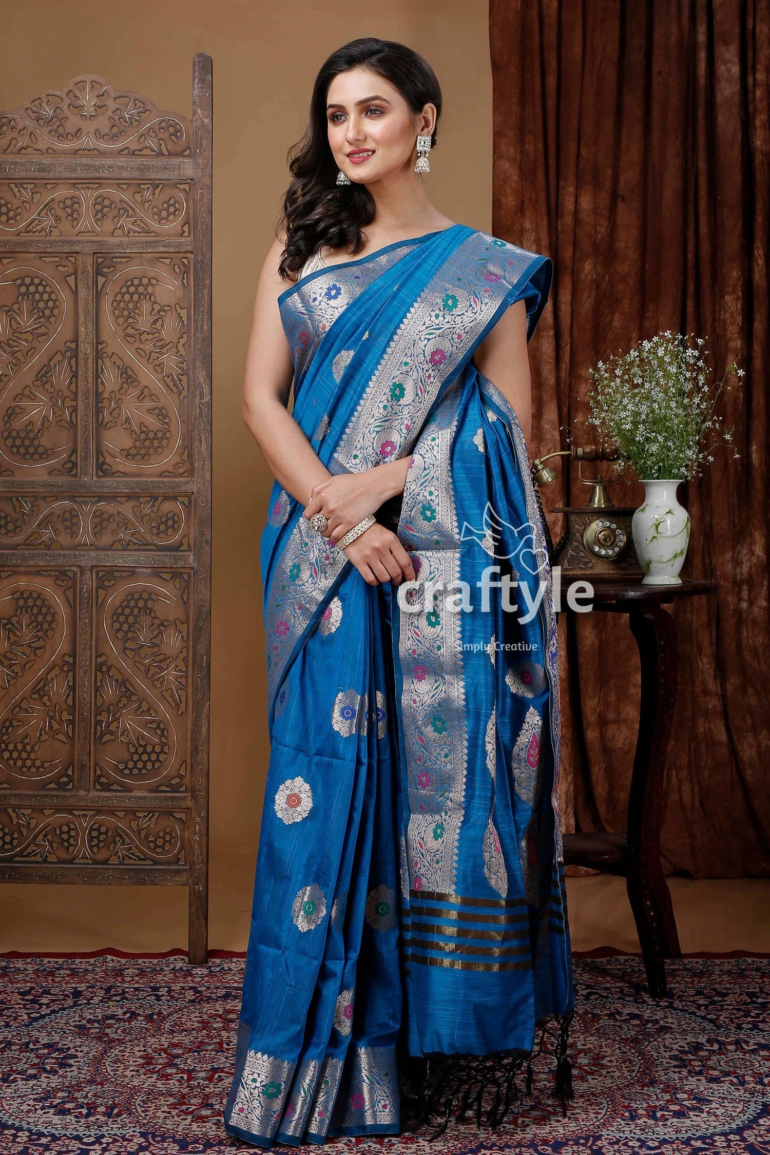 Spanish Blue Zari Work Soft Silk Saree - Ethnic Indian Attire - Craftyle