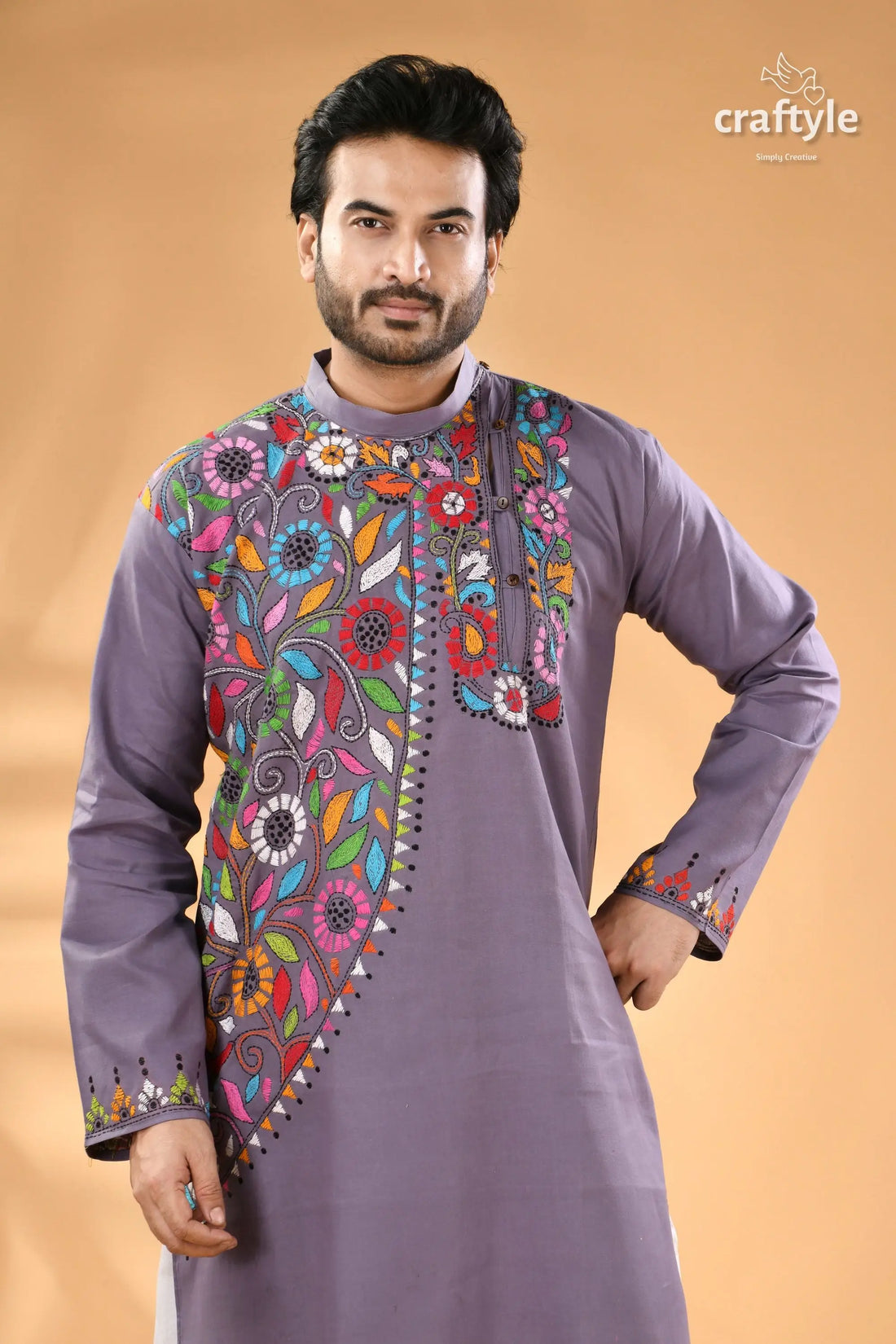 Spanish grey hand kantha embroidered cotton kurta for men men’s purple kurta colorful floral 2