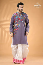 Spanish grey hand kantha embroidered cotton kurta for men men’s purple kurta colorful floral 4