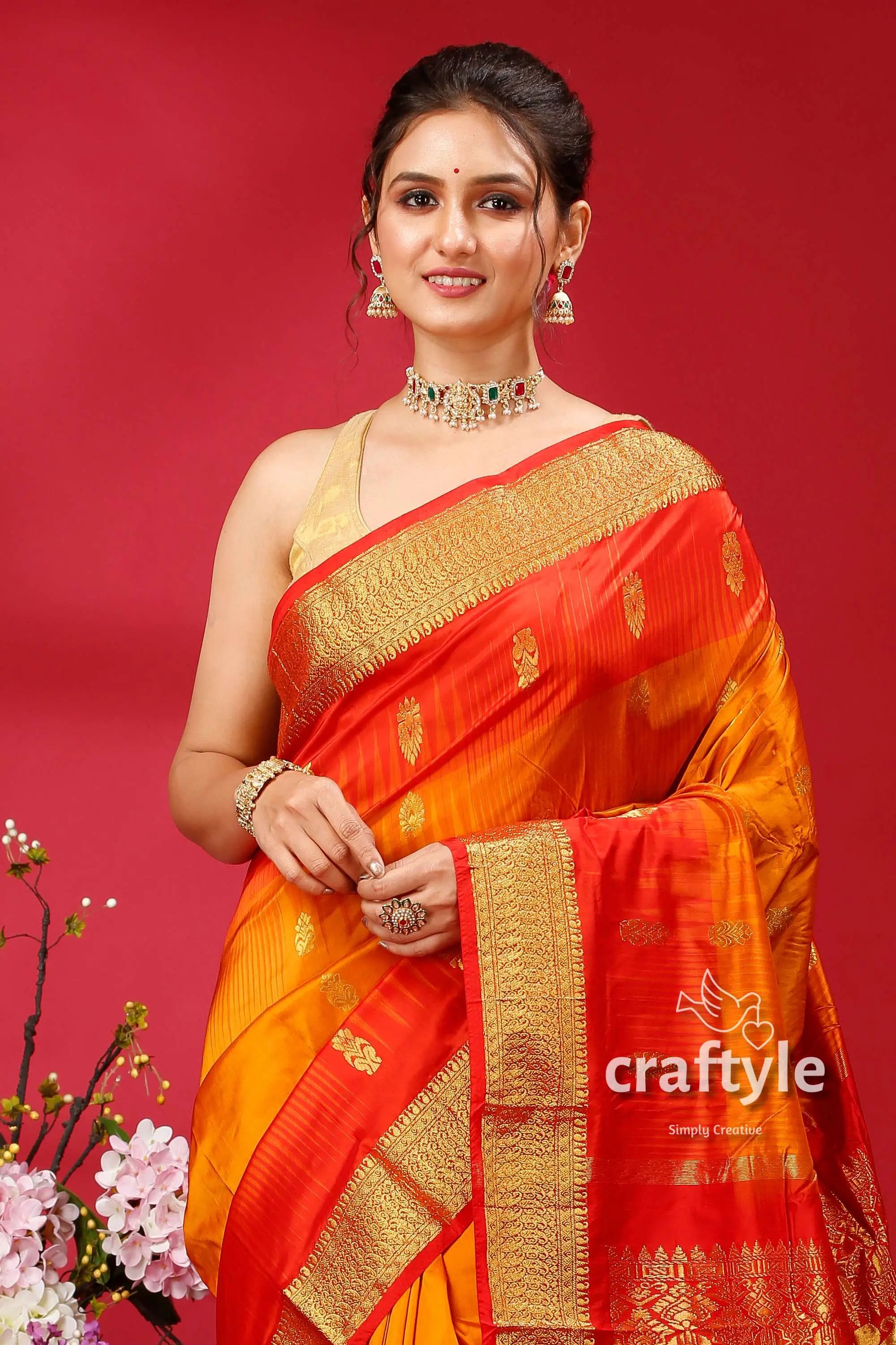 Spanish orange and red silk saree kanjivaram ethnic woman red yellow saree 2