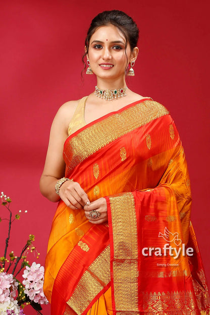 Spanish orange and red silk saree kanjivaram ethnic woman red yellow saree 2