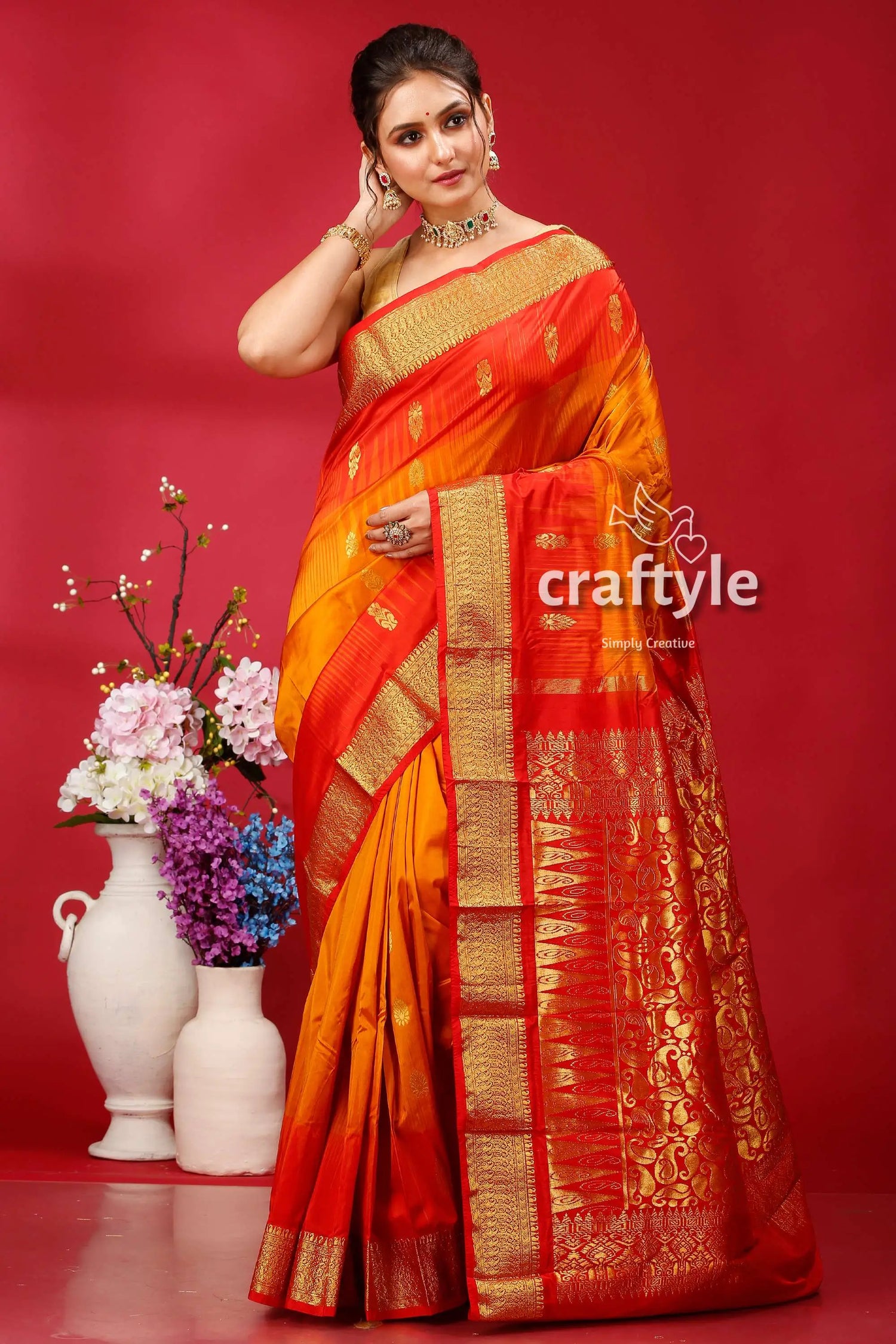 Spanish orange and red silk saree kanjivaram ethnic woman vibrant orange yellow saree 1