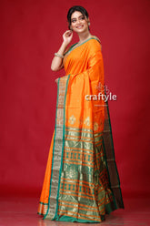 Spanish Orange Bomkai Silk Sari Featuring Golden Zari Border-Craftyle