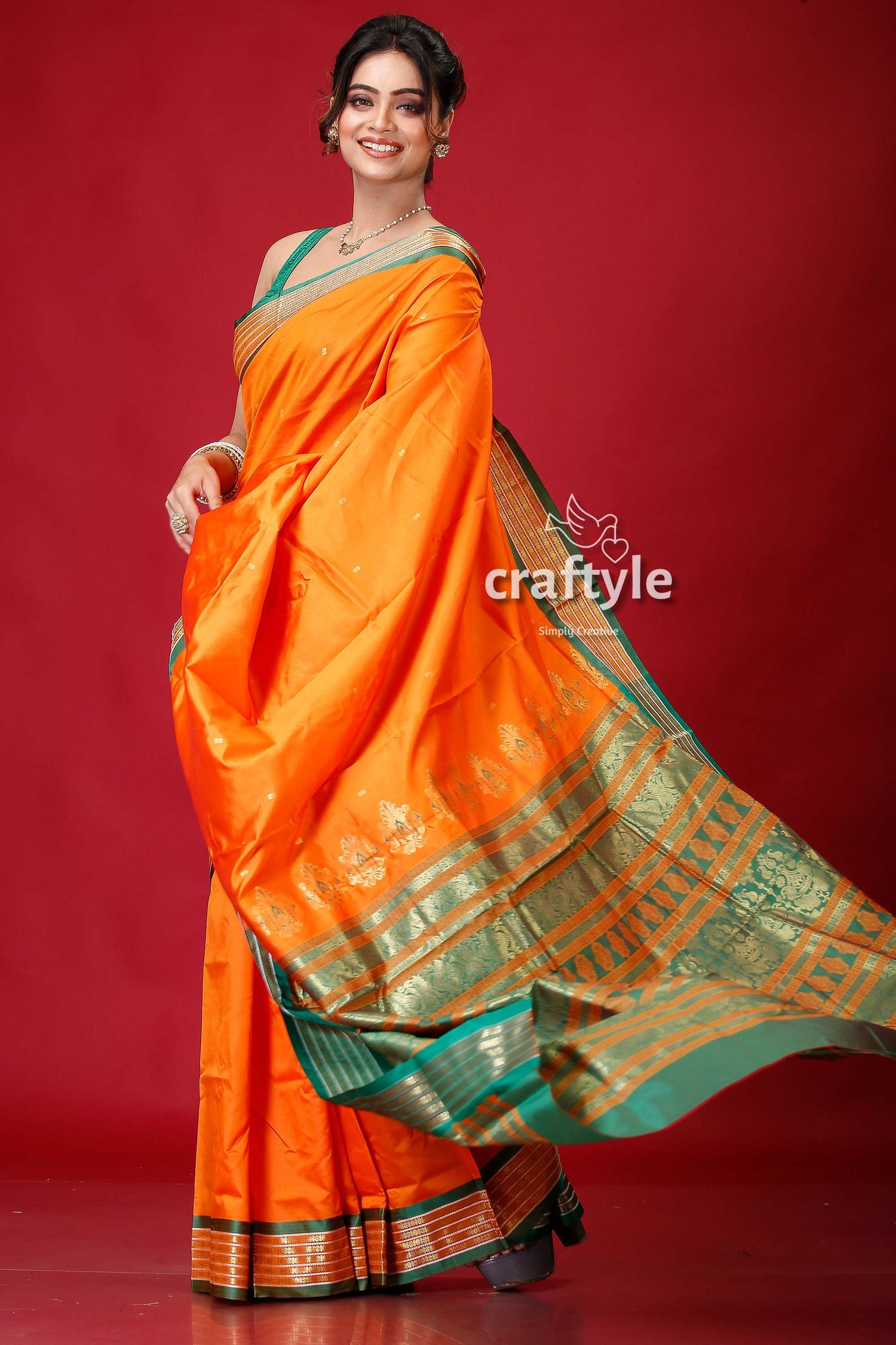 Spanish Orange Bomkai Silk Sari Featuring Golden Zari Border-Craftyle