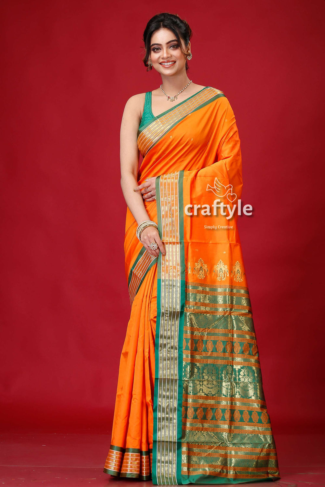 Spanish Orange Bomkai Silk Sari Featuring Golden Zari Border-Craftyle
