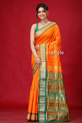 Spanish Orange Bomkai Silk Sari Featuring Golden Zari Border-Craftyle