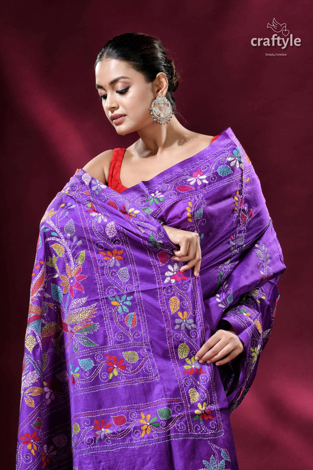 Spanish violet bird motif silk kantha saree purple floral embroidered shawl 2