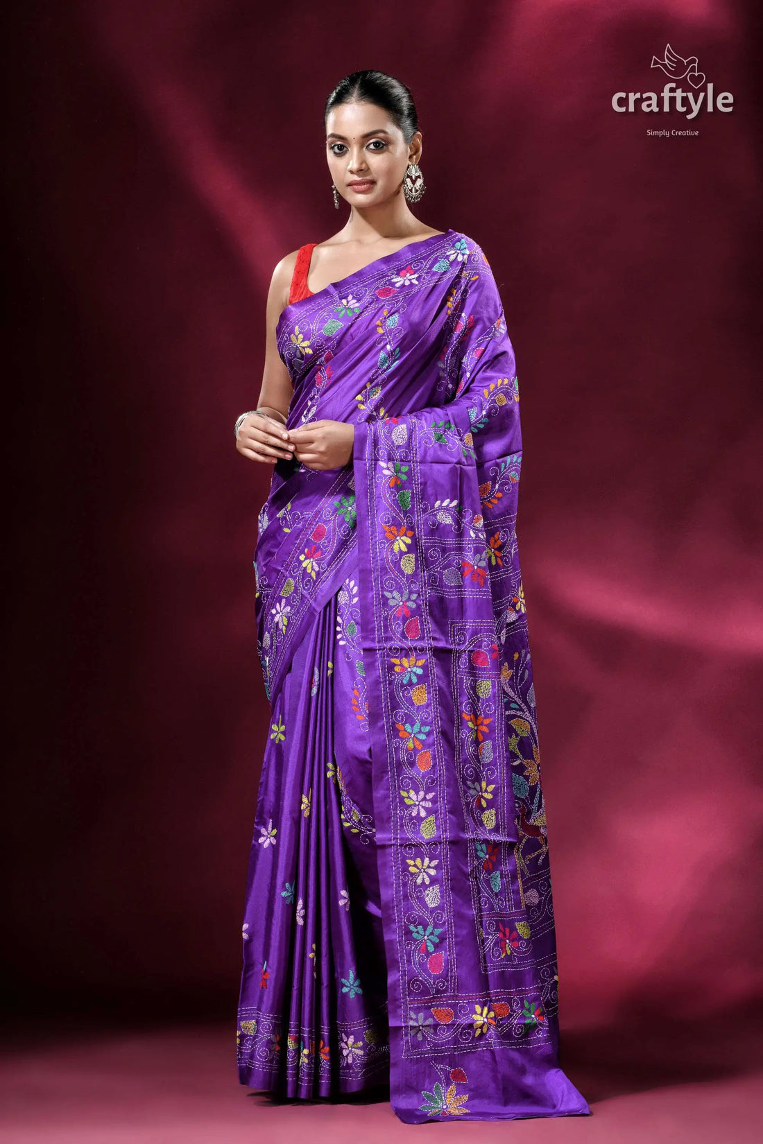 Spanish violet bird motif silk kantha saree purple embroidered saree 1