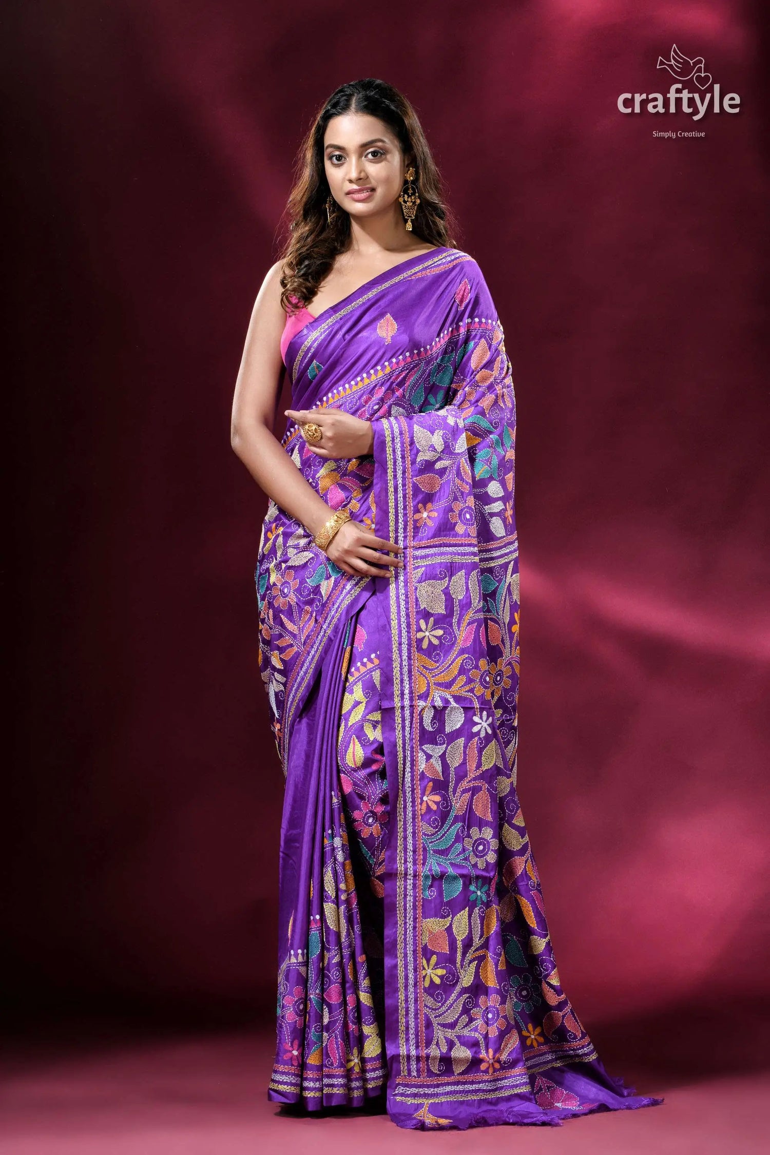 Spanish violet flower pattern kantha silk saree purple embroidered saree 1
