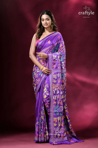 Spanish violet flower pattern kantha silk saree purple embroidered saree 1