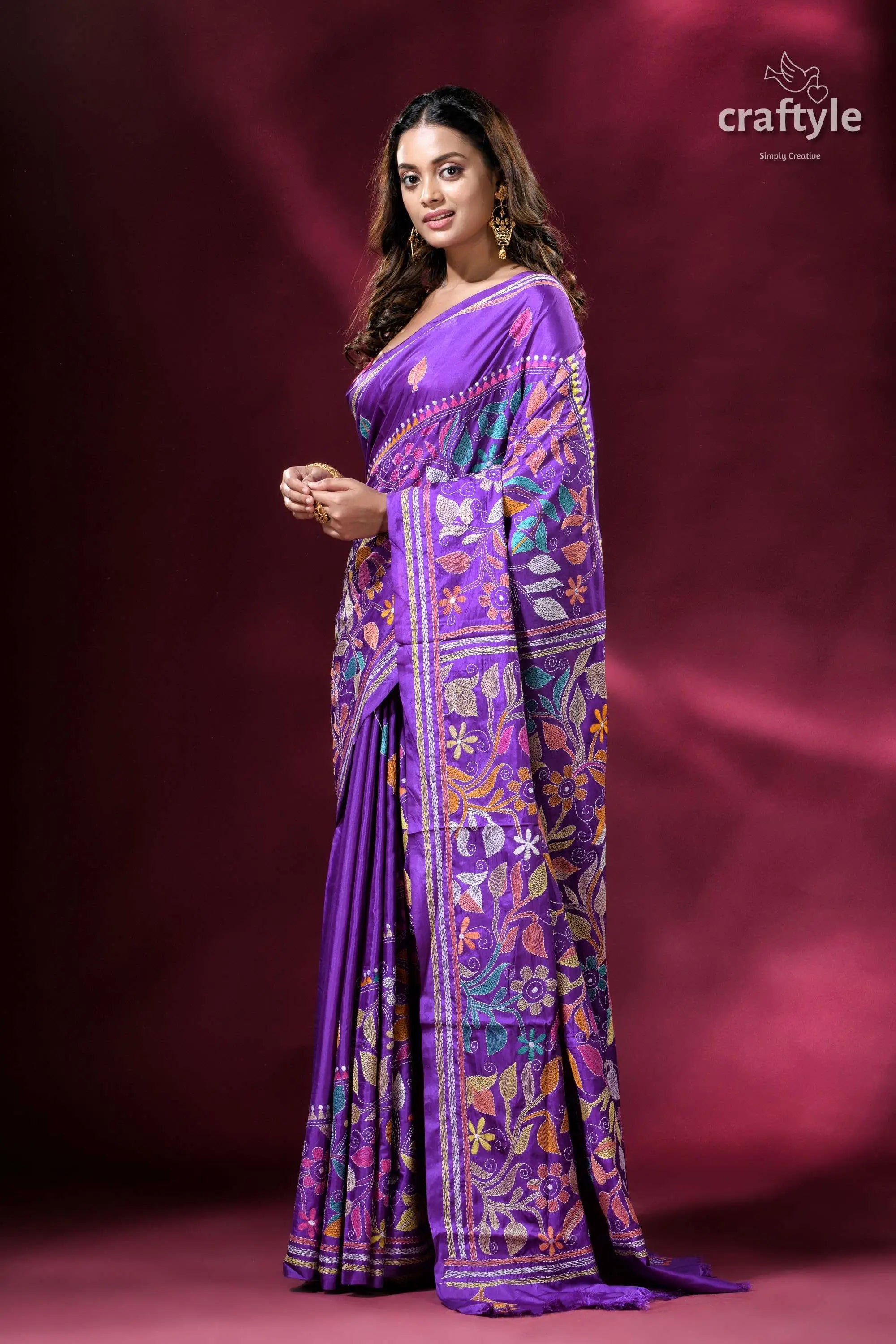Spanish violet flower pattern kantha silk saree purple floral embroidered saree 3