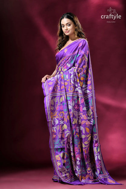 Spanish violet flower pattern kantha silk saree purple floral embroidered saree 5