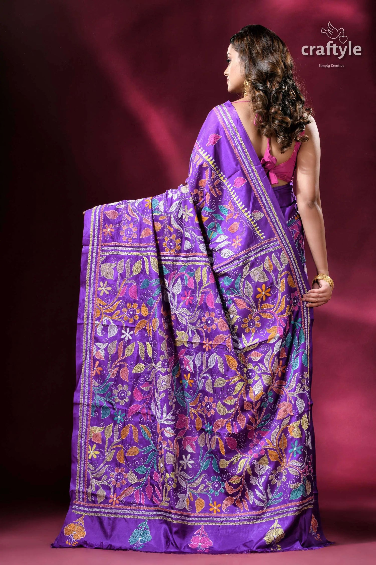 Spanish violet flower pattern kantha silk saree purple floral embroidered saree 4