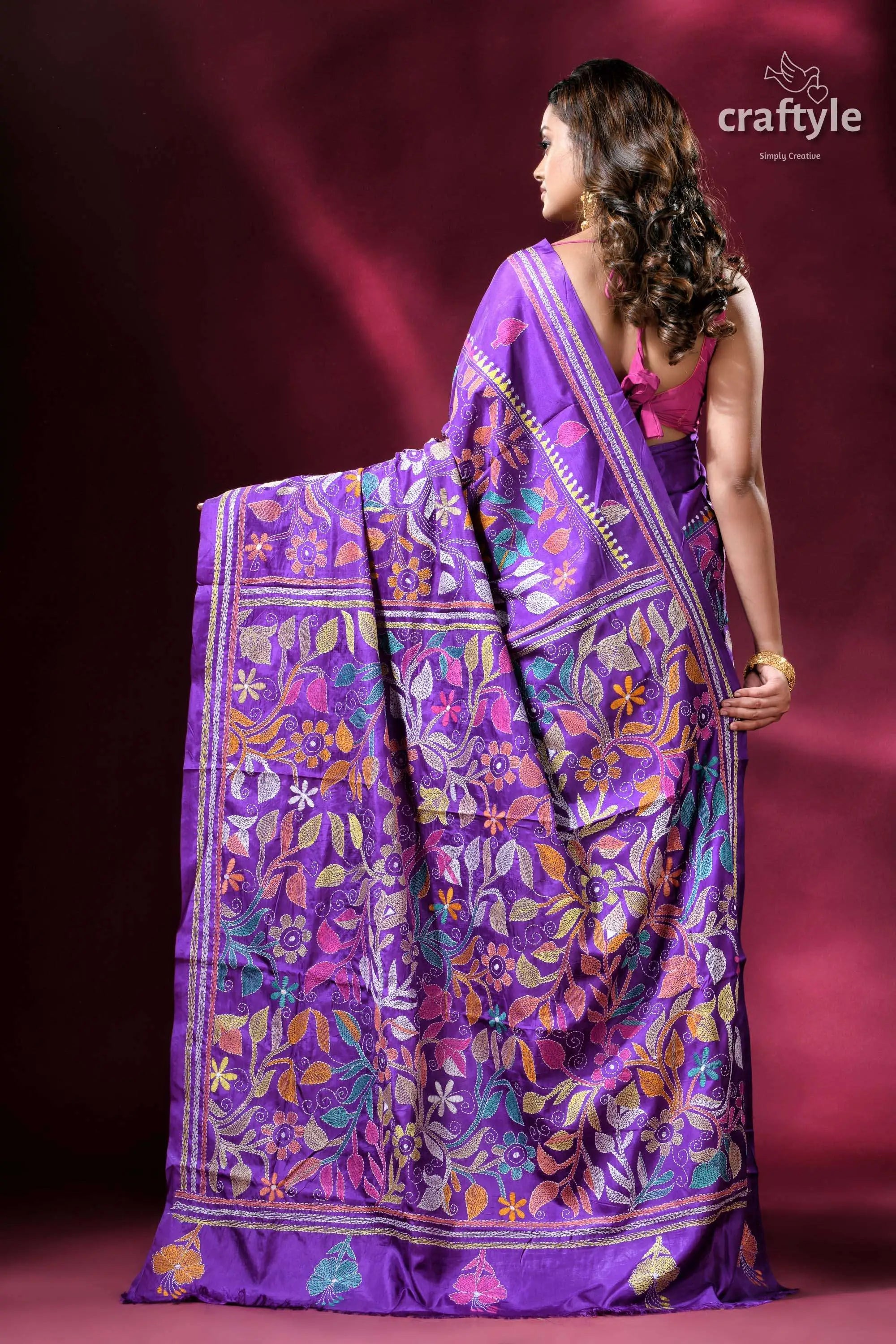 Spanish violet flower pattern kantha silk saree purple floral embroidered saree 4