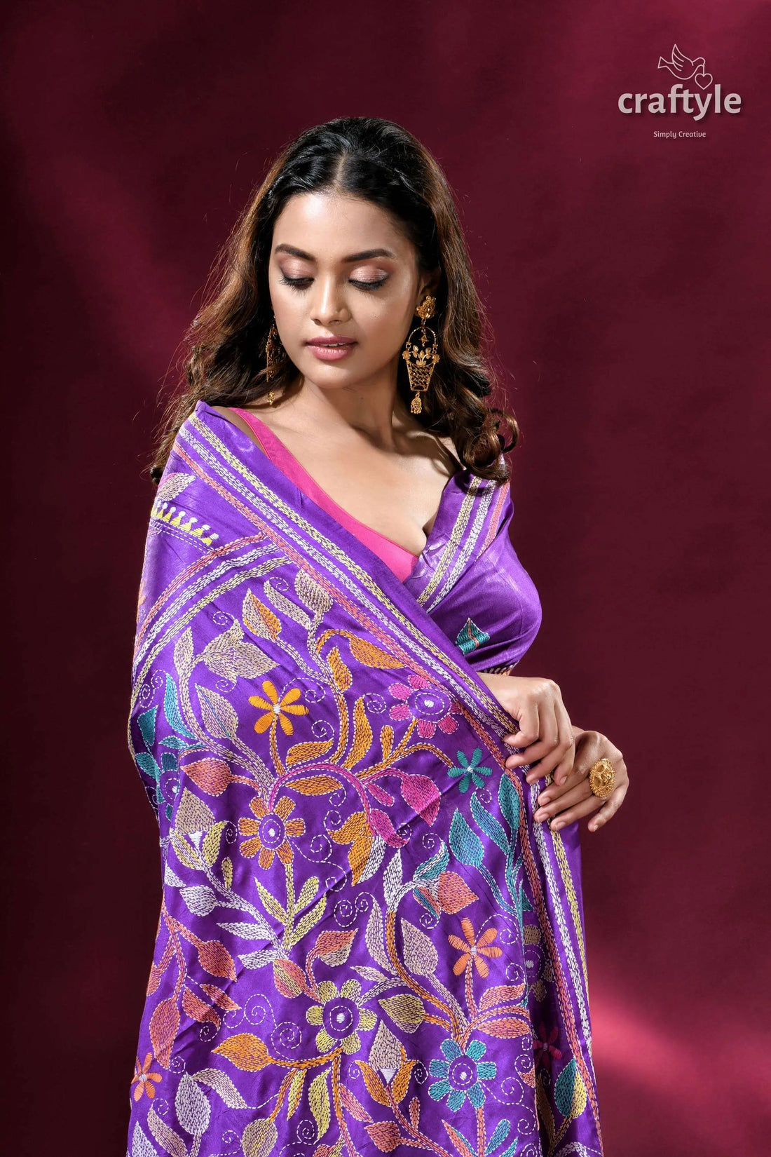 Spanish violet flower pattern kantha silk saree purple floral embroidered shawl 2