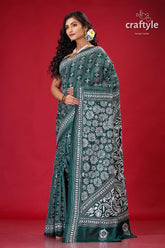 Spartan Green White Thread Silk Kantha Stitch Saree - Craftyle