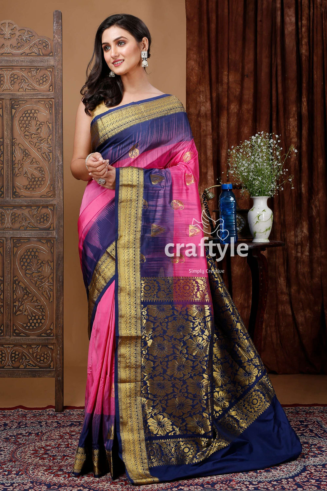 Sper Pink and Blue Kanjivaram Silk Saree - Craftyle