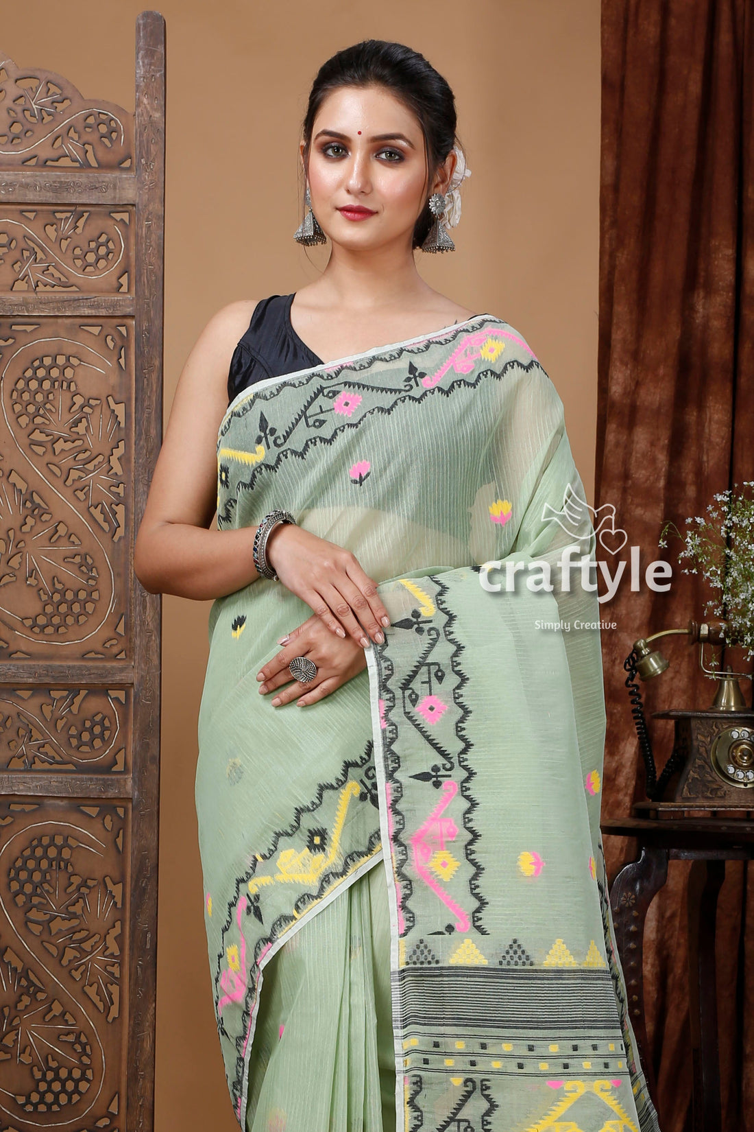 Spring Rain Green Jamdani Saree - Intricate Design - Craftyle
