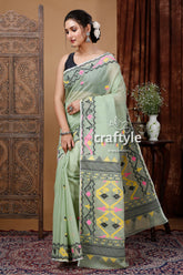 Spring Rain Green Jamdani Saree - Intricate Design - Craftyle