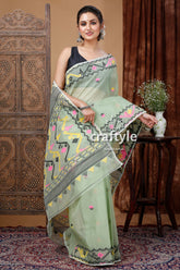 Spring Rain Green Jamdani Saree - Intricate Design - Craftyle