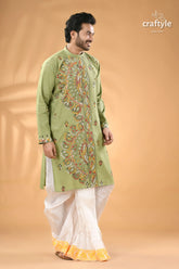 Spring rain green multi thread kantha stitch cotton kurta for men men’s light green kurta intricate 3