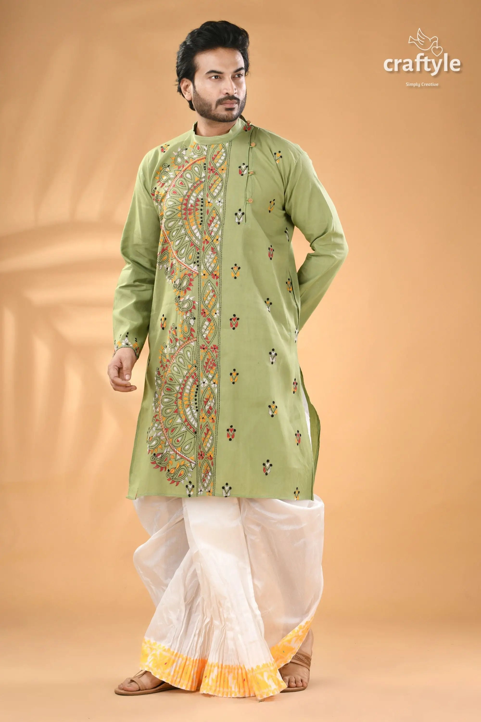 Spring rain green multi thread kantha stitch cotton kurta for men men’s light green kurta intricate 4