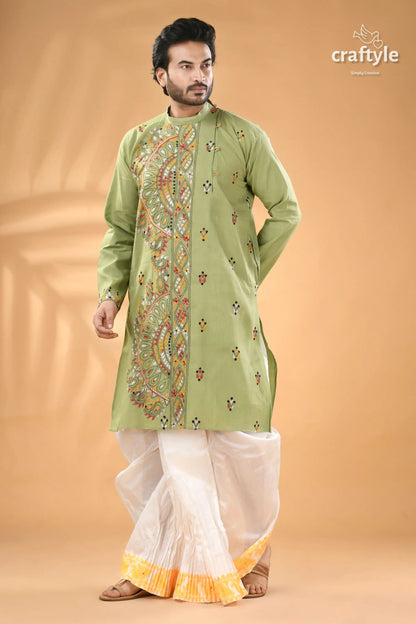 Spring rain green multi thread kantha stitch cotton kurta for men men’s light green kurta intricate 4