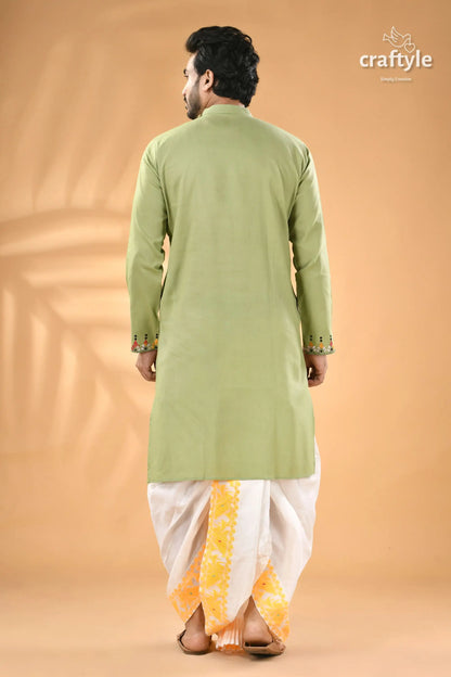 Spring rain green multi thread kantha stitch cotton kurta for men men’s light green kurta white 6