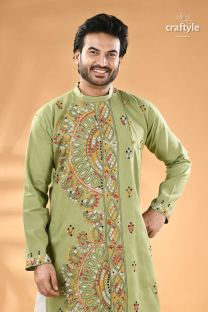 Spring rain green multi thread kantha stitch cotton kurta for men men’s light green kurta intricate 2
