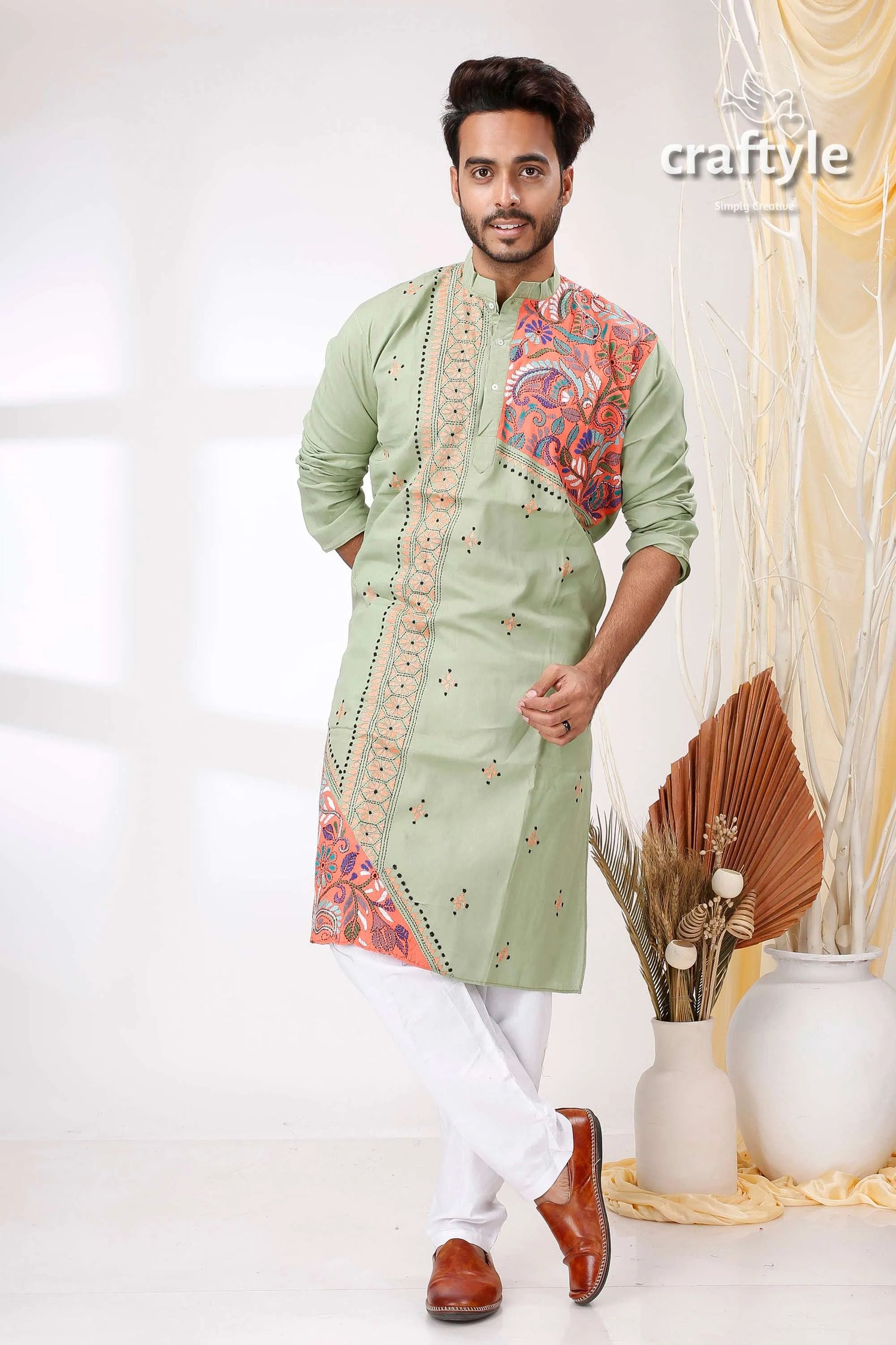 Spring rain green multithread design kantha work cotton kurta for men light embroidered intricate 1