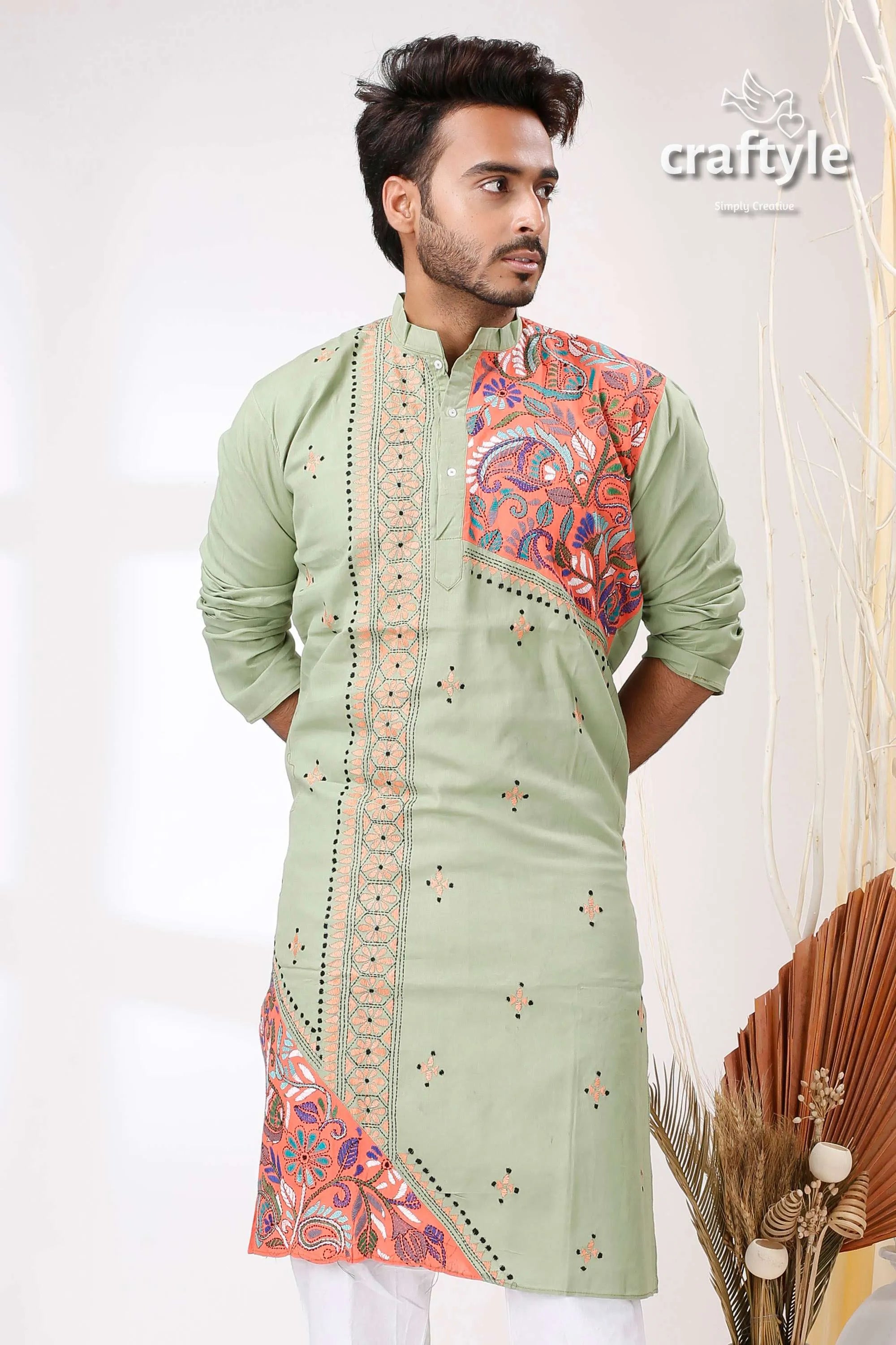 Spring rain green multithread design kantha work cotton kurta for men light intricate orange 2