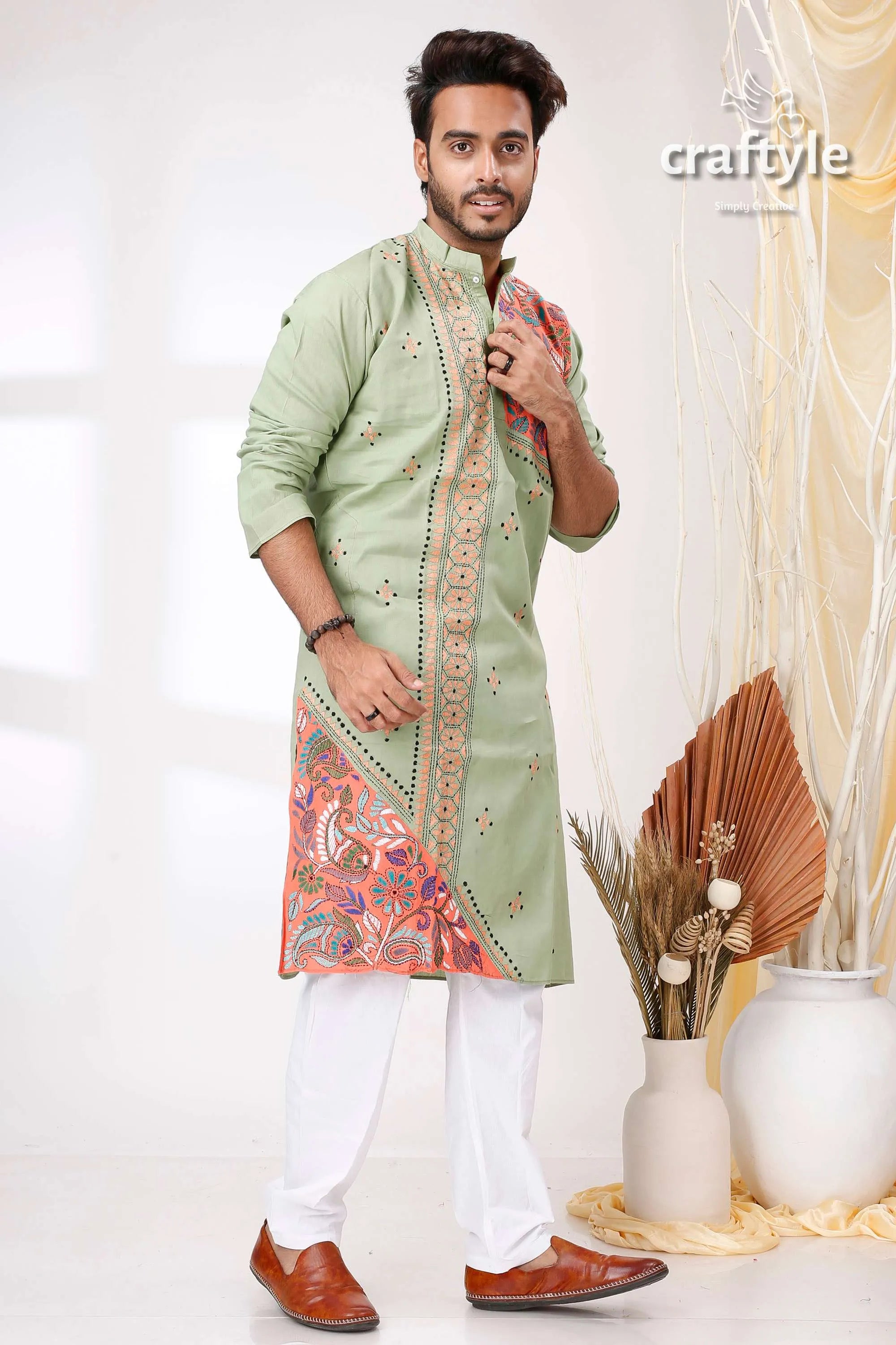 Spring rain green multithread design kantha work cotton kurta for men light embroidered intricate 4