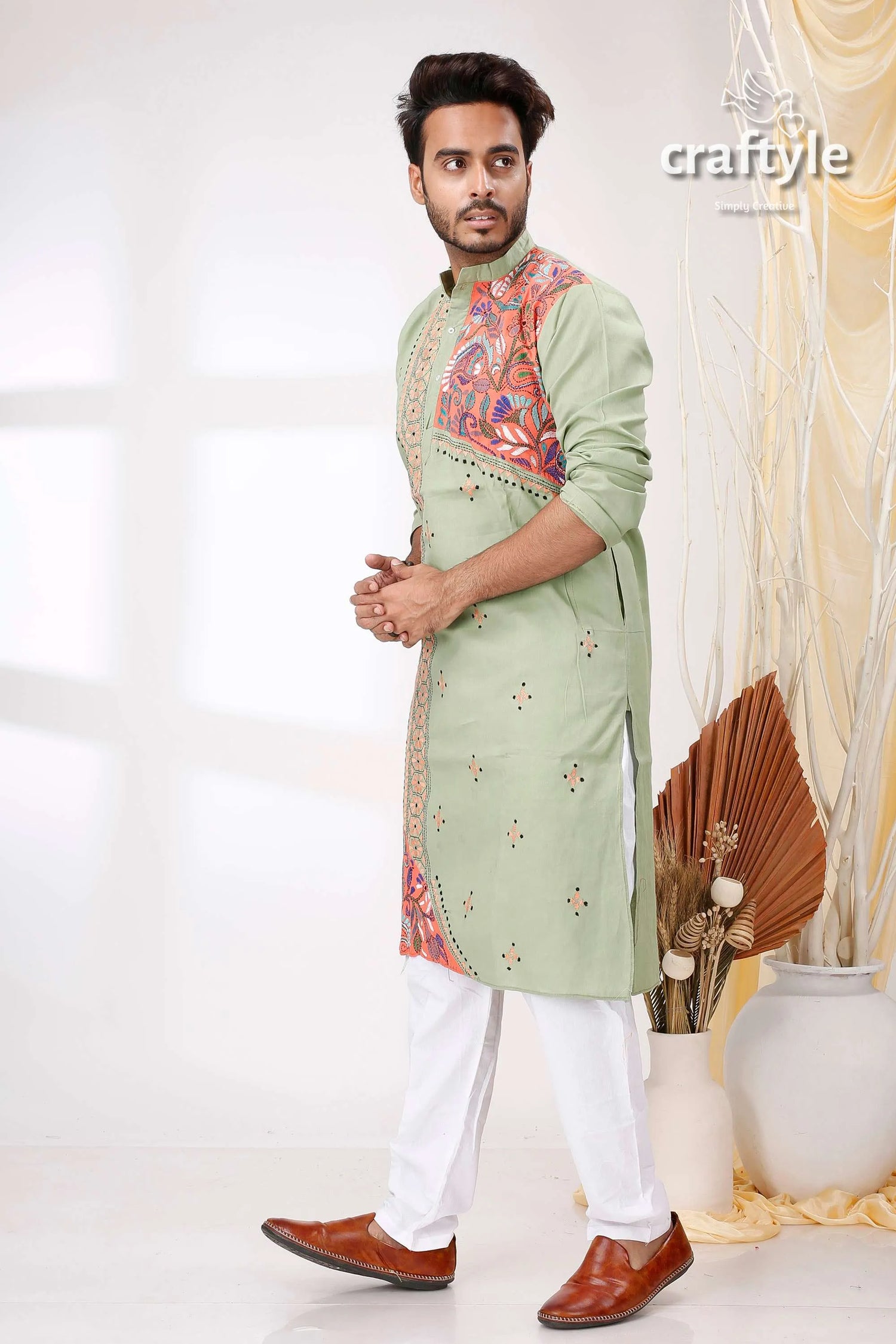 Spring rain green multithread design kantha work cotton kurta for men light embroidered intricate 3