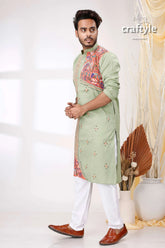 Spring rain green multithread design kantha work cotton kurta for men light embroidered intricate 3