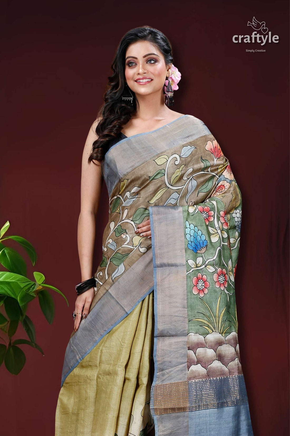 Sri Krishna Hand Painted Zari Pure Tussar Kalamkari Design Saree-Craftyle