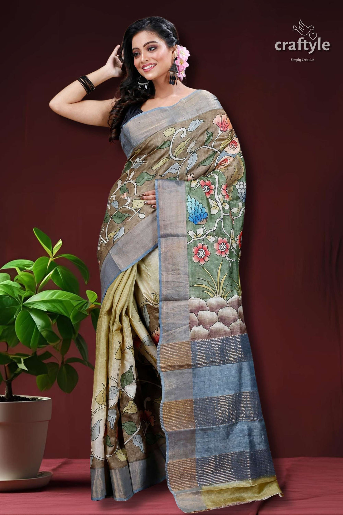 Sri Krishna Hand Painted Zari Pure Tussar Kalamkari Design Saree-Craftyle