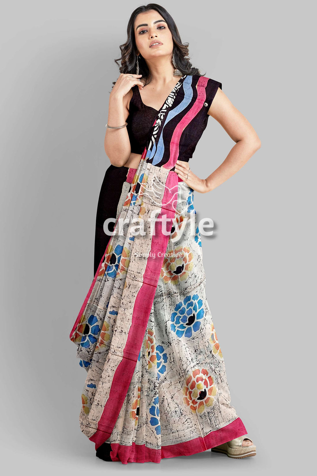 Sri Krishna Painted Hand Batik Mulberry Pure Silk Saree - Batik Silk Saree - Craftyle