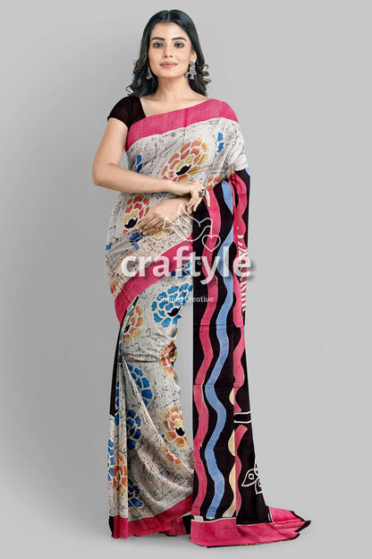 Sri Krishna Painted Hand Batik Mulberry Pure Silk Saree - Batik Silk Saree - Craftyle