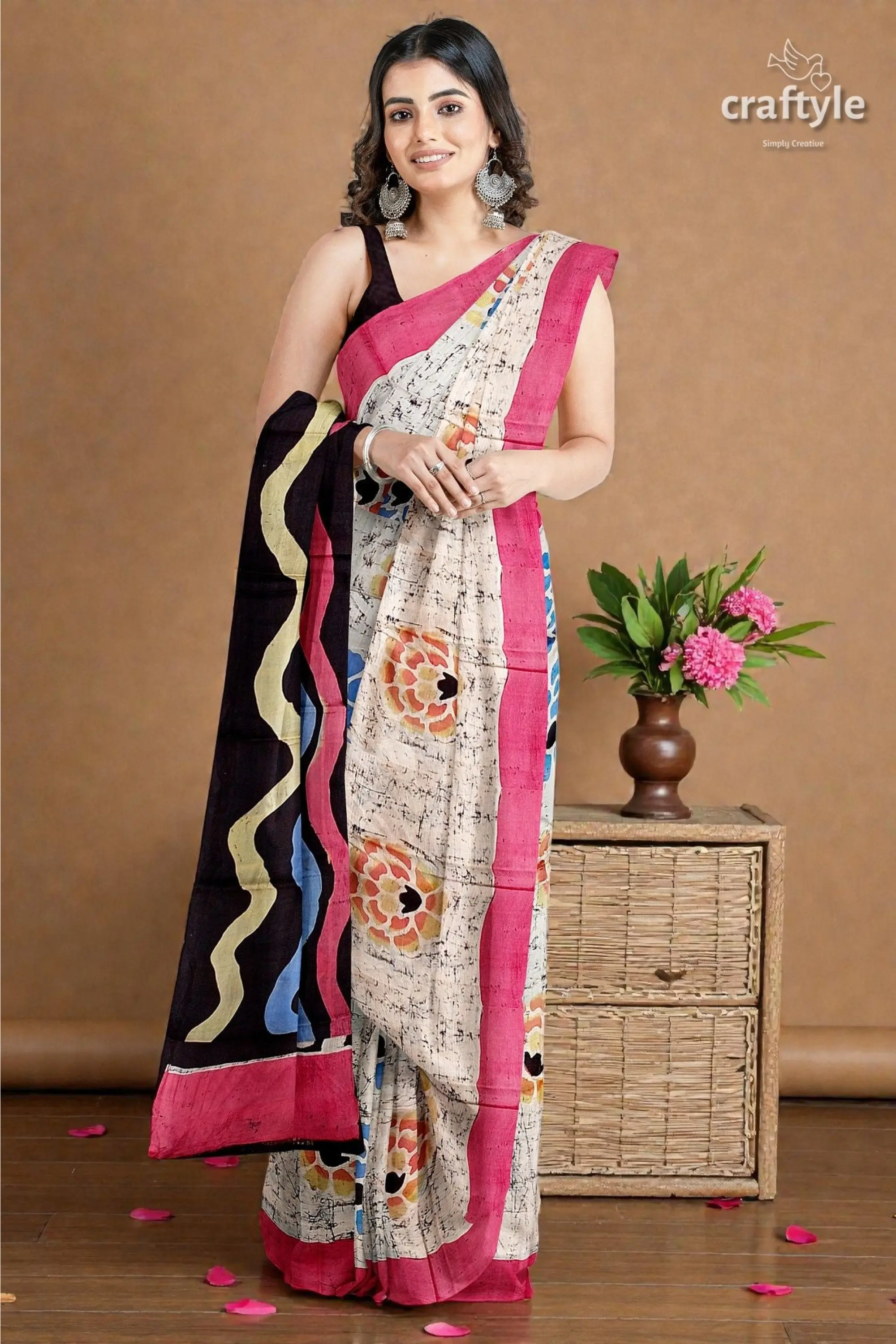 Sri krishna painted hand batik mulberry pure silk saree - 3